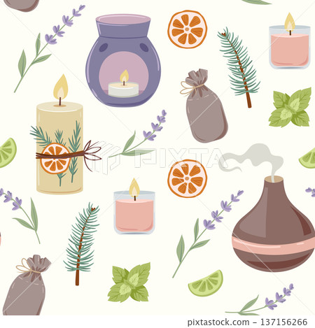 Aromatherapy seamless pattern with herbs, aroma lanp and candles Aromatherapy seamless pattern with herbs, aroma lanp and candles 137156266