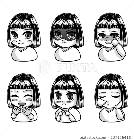 Monochrome illustration of a girl with short bob hair - Basic facial expression variation set 137156418
