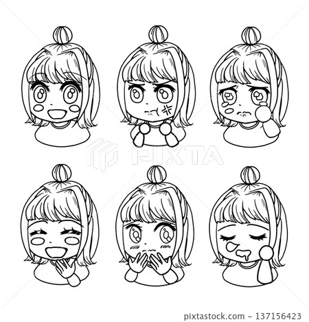 梳著髮髻的女孩線描圖 - 基本面部表情變化集 137156423