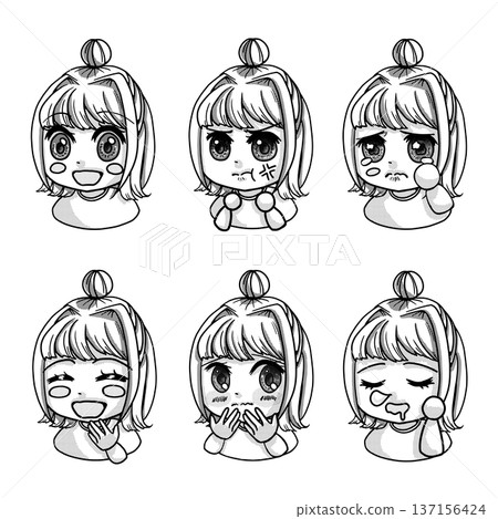 單色插畫，描繪了一個梳著髮髻的女孩——基本面部表情變化集 137156424