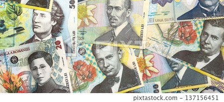 Romanian Leu currency money bills. RON currency banknotes in stack with different denomination close up 137156451