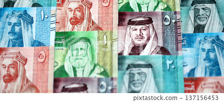 Jordanian Dinar currency money bills. JOD currency banknotes in bunch with different denomination close up Jordanian Dinar currency money bills. JOD currency banknotes in bunch with different denomination close up 137156453