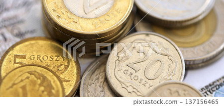 Big amount of polish zloty money banknotes and grosz coins close up. Huge pile of cash of Poland currency. Concept of business, economy and investment in Poland 137156465