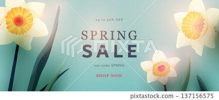 Spring sale banner with beautiful narcissus flowers vector illustration. Floral background for seasonal shopping, discounts and marketing promotion. Elegant design with blooming daffodils Spring sale banner with beautiful narcissus flowers vector illustration. Floral background for seasonal shopping, discounts and marketing promotion. Elegant design with blooming daffodils 137156575