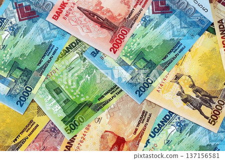 Ugandan shilling paper banknotes pile on table. Uganda UGX currency money bills in big amount. Concept of economics, taxation and banking in Uganda 137156581