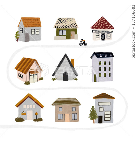 Hand-drawn illustration of a street and townscape lined with houses 137156683