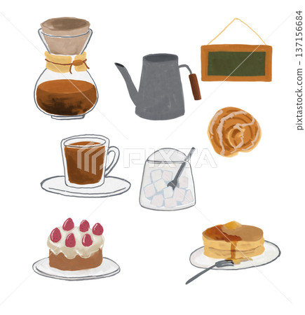 Hand-drawn coffee and sweets set Hand-drawn coffee and sweets set 137156684