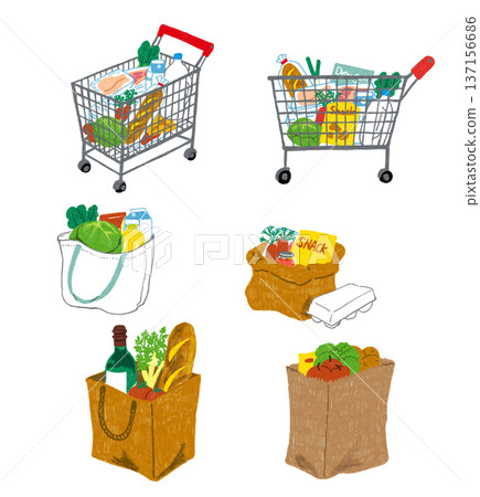 Hand-drawn shopping cart and eco bag 137156686