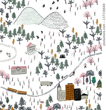 Hand-drawn city and mountain landscape Hand-drawn city and mountain landscape 137156689