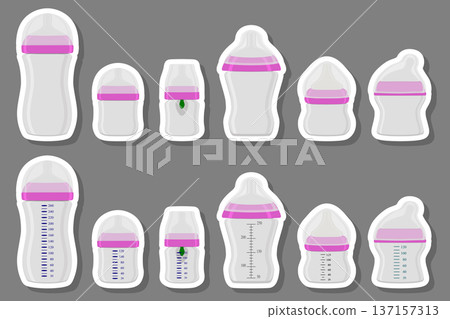 Illustration on theme big colored kit baby milk in bottle with rubber pacifier Illustration on theme big colored kit baby milk in bottle with rubber pacifier 137157313