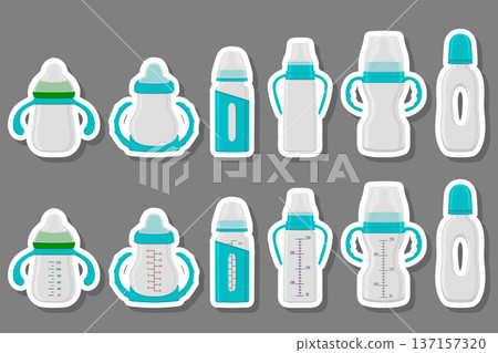 Illustration on theme big colored kit baby milk in bottle with rubber pacifier Illustration on theme big colored kit baby milk in bottle with rubber pacifier 137157320