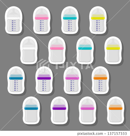 Illustration on theme big colored kit baby milk in bottle with rubber pacifier Illustration on theme big colored kit baby milk in bottle with rubber pacifier 137157333