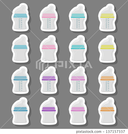 Illustration on theme big colored kit baby milk in bottle with rubber pacifier Illustration on theme big colored kit baby milk in bottle with rubber pacifier 137157337