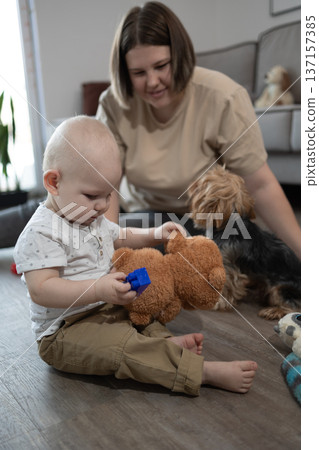 Woman sitting on floor playing with baby boy and stuffed bear toy while dogs watch nearby. Mother and toddler bonding in living room with pets. Parenting and family love concept for Mothers Day Woman sitting on floor playing with baby boy and stuffed bear toy while dogs watch nearby. Mother and toddler bonding in living room with pets. Parenting and family love concept for Mothers Day 137157385
