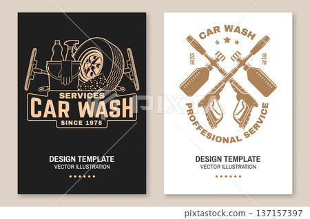 Professional car wash poster, banner and flyer template set. Vector auto cleaning and car service advertising design with washing equipment and vehicle care elements. 137157397