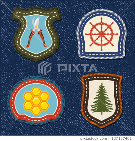 Set of Scout badge with garden pruning shears, honeycombs, ship helm, pine tree. Vector. Merit patch, sticker for camping outdoor and academic activities. Perfect for scouting programs, gardening 137157401