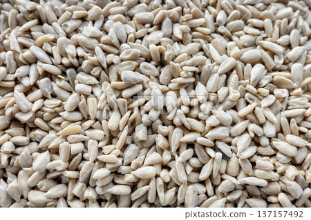 Close up of peeled sunflower seeds. Close up of peeled sunflower seeds. 137157492