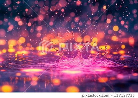Raindrops creating splashes in vibrant pink puddles under soft lighting 137157735