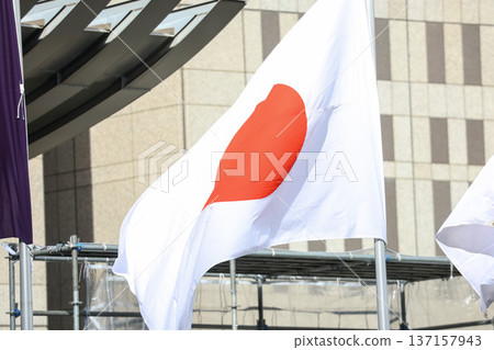 [Japanese flag] The flag fluttering in the spring cityscape 137157943