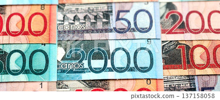 Dominican Republic Pesos currency money bills. DOP currency banknotes in stack with different denomination close up 137158058