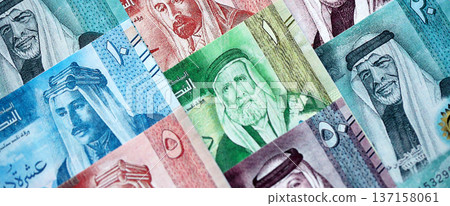 Jordanian Dinar currency money bills. JOD currency banknotes in bunch with different denomination close up 137158061