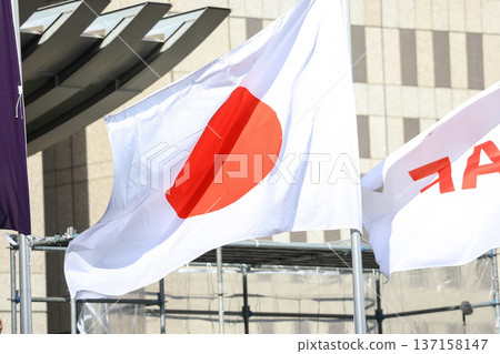 [Japanese flag] The flag fluttering in the spring cityscape 137158147