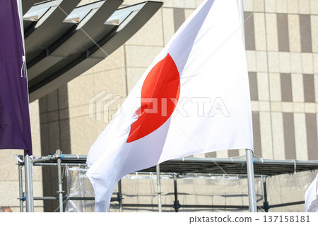 [Japanese flag] The flag fluttering in the spring cityscape 137158181