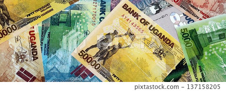 Ugandan shilling paper banknotes pile on table. Uganda UGX currency money bills in big amount. Concept of economics, taxation and banking in Uganda 137158205