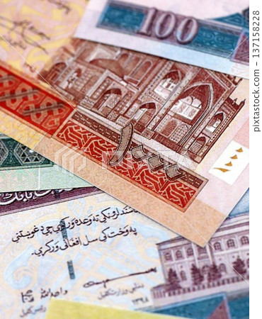 Afghan afghani paper banknotes pile on table. Afghanistan AFN currency money bills in big amount. Concept of economics, taxation and banking in Afghanistan 137158228