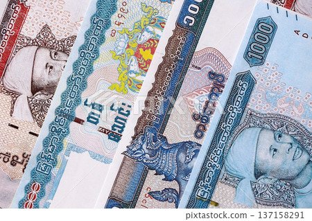 Myanmar kyat paper banknotes pile on table. Myanmar MMK currency money bills in big amount. Concept of economics, taxation and banking in Myanmar 137158291