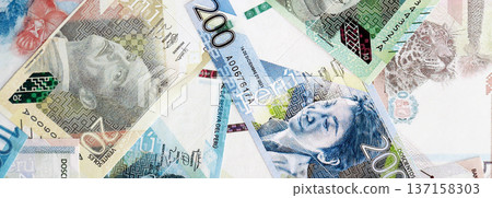 Peruvian sol paper banknotes pile on table. Peru PEN currency money bills in big amount. Concept of economics, taxation and banking in Peru Peruvian sol paper banknotes pile on table. Peru PEN currency money bills in big amount. Concept of economics, taxation and banking in Peru 137158303