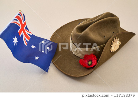 Australian flag, slouch hat, poppy symbolising anzac day remembrance Australian flag, slouch hat, poppy symbolising anzac day remembrance 137158379