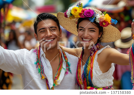 Joyful Young Latin Couple at Festival 137158380