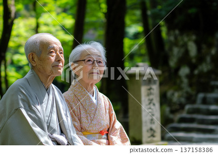 Charming portrait of an elderly Japanese couple. Couple radiates warmth and love with gentle smiles. 137158386