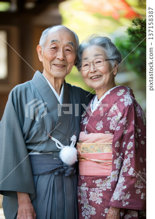 Charming portrait of an elderly Japanese couple. Couple radiates warmth and love with gentle smiles. 137158387
