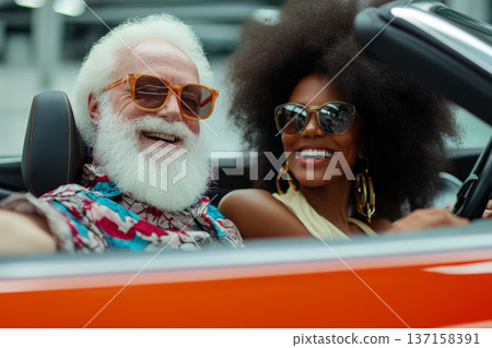 Cinematic photo of happy senior man with white beard and afro woman in cabriolet car. Happy moment concept 137158391