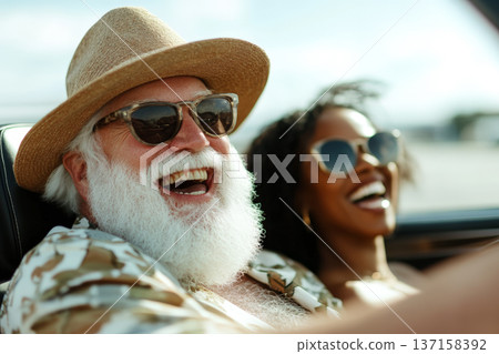 Cinematic photo of happy senior man with white beard and afro woman in cabriolet car. Happy moment concept 137158392