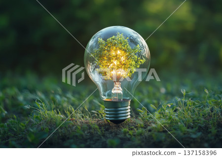 Green energy eco concept with light bulb and green plant inside it 137158396