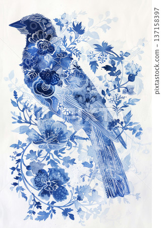 Botanical draw of a bird with floral and leaf patterns, spring Easter background 137158397