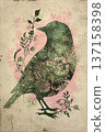 Botanical draw of a bird with floral and leaf patterns, spring Easter background 137158398