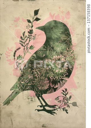 Botanical draw of a bird with floral and leaf patterns, spring Easter background 137158398