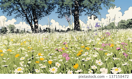 春意盎然，繁花盛開的田野。 137158472