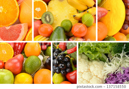 Vibrant Collage of Fresh Organic Fruits and Vegetables 137158550