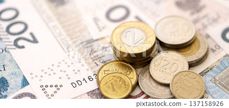 Big amount of polish zloty money banknotes and grosz coins close up. Huge pile of cash of Poland currency. Concept of business, economy and investment in Poland 137158926