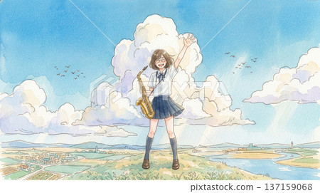 一位笑容燦爛的高中女生在夏日戶外揮手，手裡拿著薩克斯風。 137159068