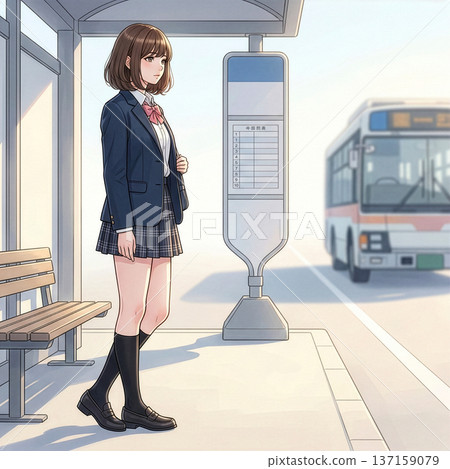 高中女生在等公車上學 137159079