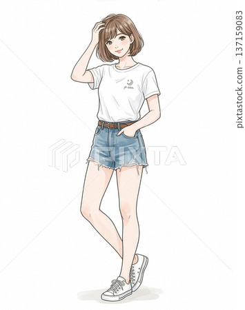 穿著短牛仔褲的可愛女子 137159083