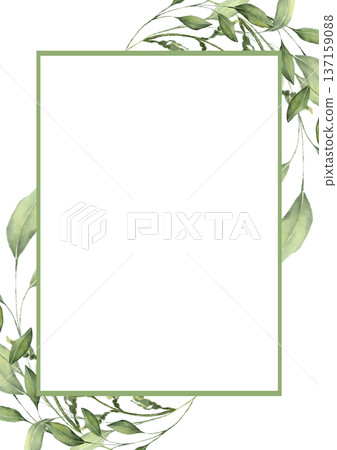 Elegant rectangular frame decorated with green watercolor leaves and branches Elegant rectangular frame decorated with green watercolor leaves and branches 137159088