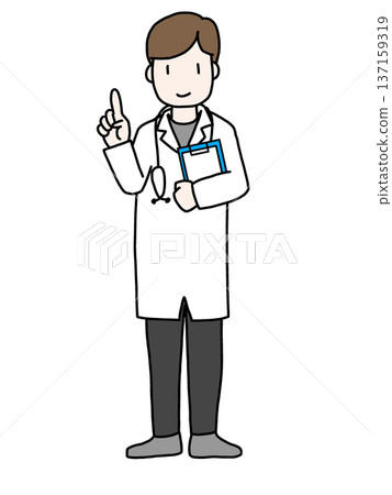 A full-body illustration of a doctor in a white coat holding a file and explaining A full-body illustration of a doctor in a white coat holding a file and explaining 137159319