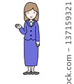 A full-body illustration of a young woman in a suit giving a guided tour 137159321